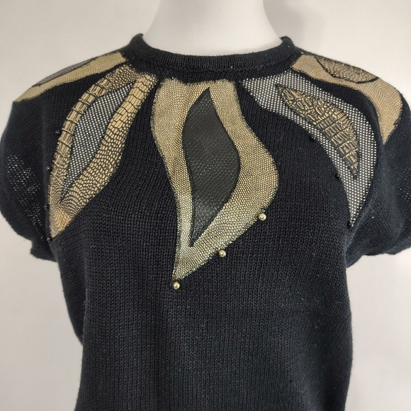 Vintage 80s Evian Women's Black Patchwork Sweater Top Size Large Glam Maximalist - Picture 5 of 10